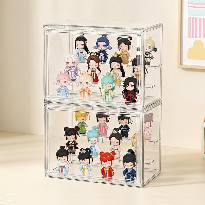 Acrylic Display Case, Clear Display Case Adjustable Display Box Stand with 2 Movable Dividers, Small Showcase Magnetic Door for Collections