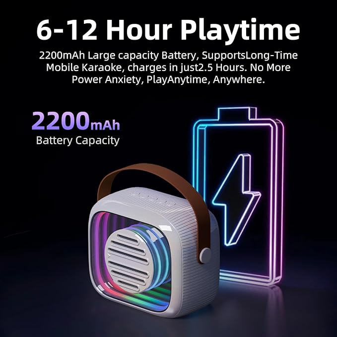 YF93 Mini Karaoke Machine for Kids with Bluetooth Speaker, 7 Voice-Changing Modes, Colorful LED Mirror Lights, TF Card Support, Rechargeable 2200mAh Battery, Portable Singing Gift for Children(Beige)