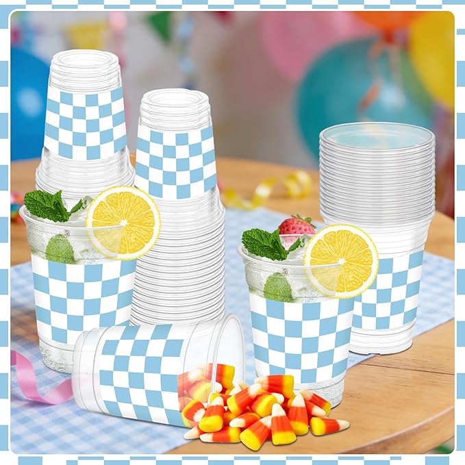 50Pcs Light Blue and White Checkered Cups, 12oz Light Blue Gingham Party Cups Blue White Checkered Clear Plastic Cups for Wedding Home Supplies Birthday Gender Reveal Party Decorations