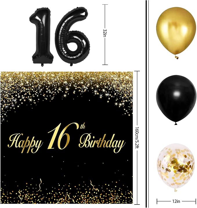 Happy 16th Birthday Balloons Black Set Decor - Cheers to 16 Years Old Party Theme Garland Banner Backdrop Decorations For Boy and Girl Supplies