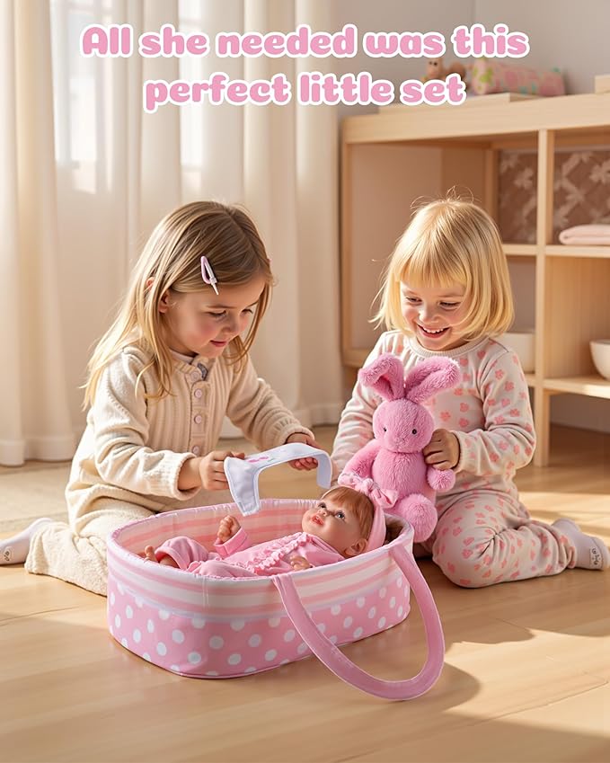 BABESIDE 8 Pcs Baby Doll Accessories, Reborn Baby Dolls Clothes with Bassinet for 17-22 Inch Babydolls, Outfit fit Babies Dolls Girl, Babies Pretend Play Set