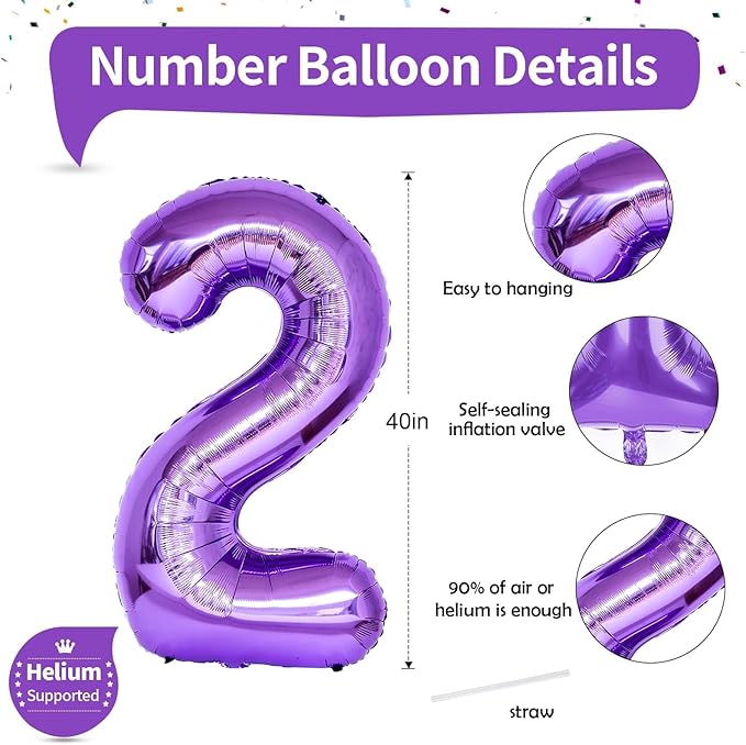 40 Inch 2nd 20th Birthday Number Balloon, Purple Foil Giant Number 2 Balloons, Self Inflating Number Balloon for Women Happy Birthday Party Anniversary Graduation Party Decoration Girls Kids Supplies