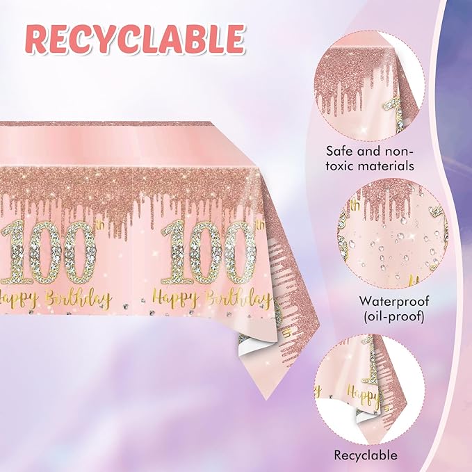 41PCS 100th Birthday Decorations Rose Gold 100th Party Disposable Tableware Set Include 100 Year Old Birthday Plates and Napkins, Plastic Tablecloth For 100 Year Old Gifts Women