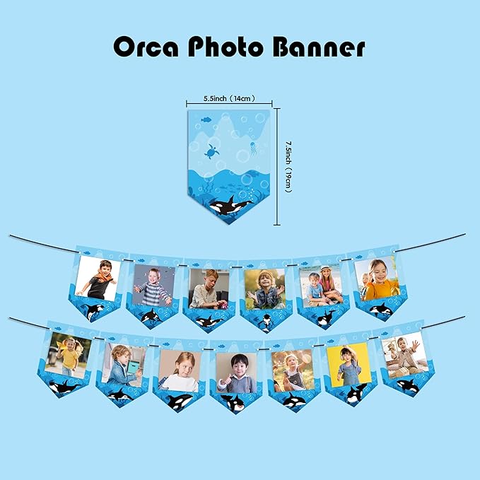 Orca Birthday party Decorations Killer Whale theme party Supplies Include Banner Balloons Cake Topper Cupcake Toppers Invitation Cards Tabletop Honeycomb Decorations