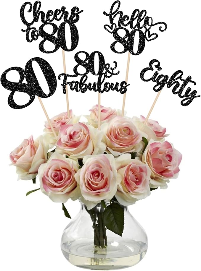 15PCS Happy 80th Birthday Centerpiece Sticks Hello 80 Cheers to 80 Birthday Table Flower Centerpieces Sticks Eighteen 80 Fabulous Floral Decorations for 80th Birthday Party Centerpieces Supplies Black
