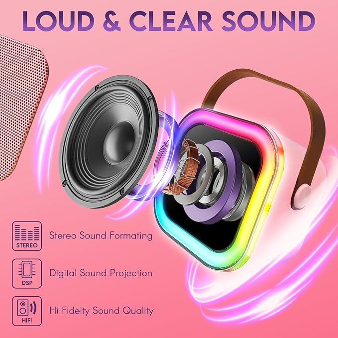 Karaoke Machine for Kids Adults, Portable Mini Bluetooth Speaker with 2 Wireless Microphones, LED Lights, Singing System for Family Home Party, Voice Changer, Boys Girls Karaoke Machine with Speaker