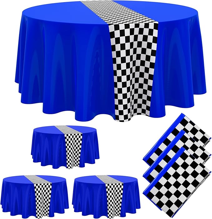 Oudain 3 Pcs Cars Birthday Party Supplies Racing Party Decorations Round Racing Tablecloth Checkered Flag Table Covers Road Plastic Table Cloth, 1950s Disco Dancing Party Tablecloth (Dark Blue)