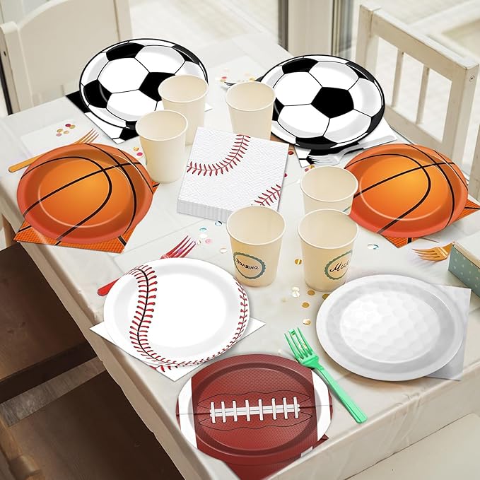 100 Pcs Sports Birthday Party Decorations Sports Themed Plates and Napkins Basketball Football Soccer Baseball Rugby Disposable Dessert Tableware Set for Boy Birthday Party Supplies Favors