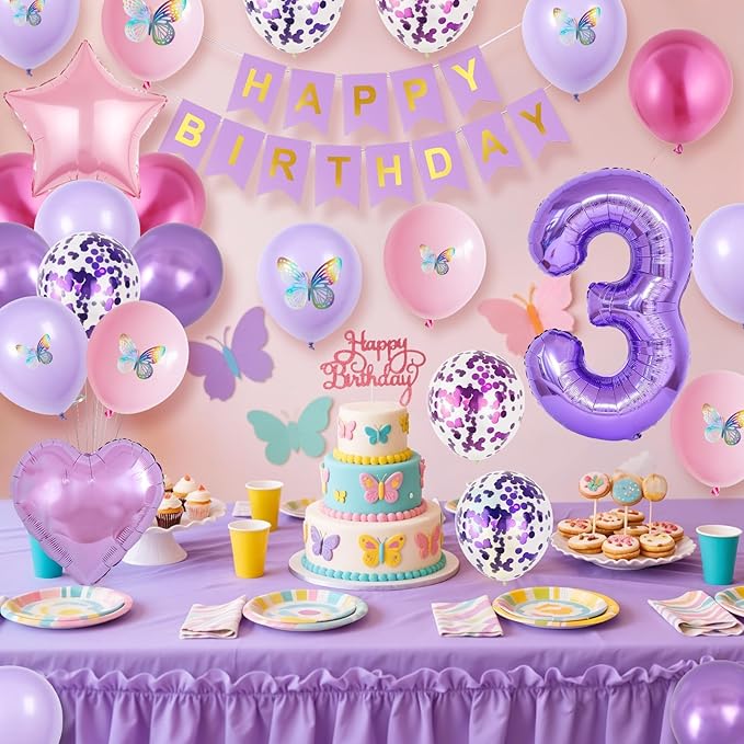3rd Birthday Decoration for Girls,Pink Purple 3rd Birthday Balloon Number 3 Balloon with Butterfly Stickers Star Heart Foil Balloons Banner Princess Party Decoration for 3 Year Old Party