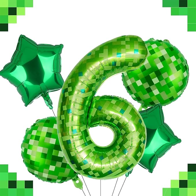 40 Inch Green Pixel Miner Number 6 Foil Balloon Set 5Pcs Large Mylar Mining Theme 6th Number Balloons Pixel Cubes Video Game Birthday Party Decorations