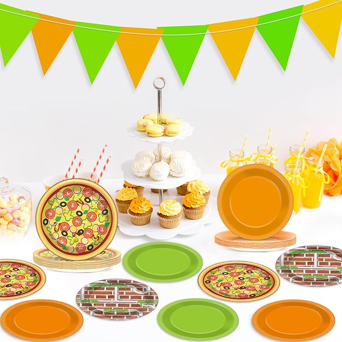 CHUNNIN 48 PCS Turtle Paper Plates Pizza Green Turtle Birthday Party Decorations Disposable Dessert Plates for Video Game Cartoon Themed Birthday Party Supplies