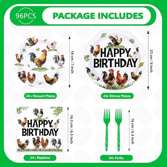 96Pcs Chicken Birthday Party Supplies Rooster Plates and Napkins Rooster Rustic Farmhouse Country Tableware Set for Girl Boy Chicken Farm Animal Birthday Theme Party Supplies，Serves 24