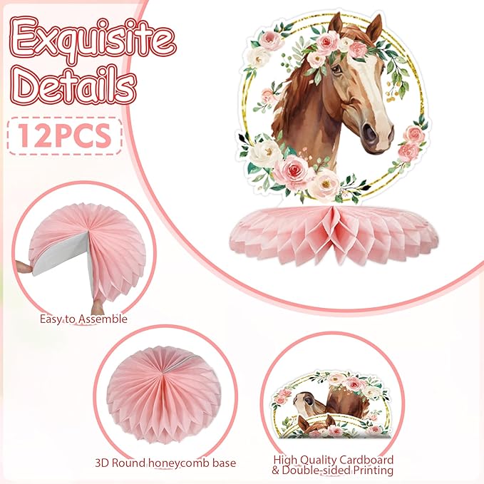 Tarklanda 12 Pcs Cowgirl Honeycomb Centerpieces Floral Horse Table Toppers Western Girl Centerpieces Decorations for Birthday Wedding Party Baby Shower Supplies