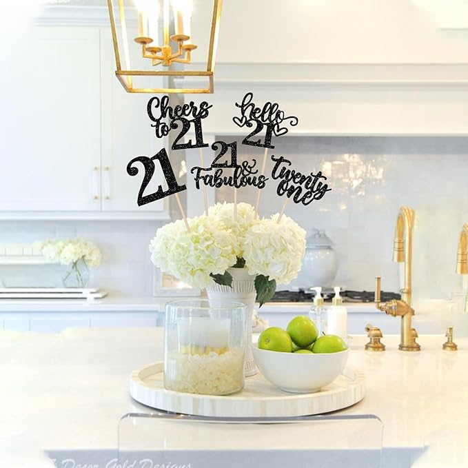 15PCS Happy 21st Birthday Centerpiece Sticks Hello 21 Cheers to 21 Birthday Table Flower Centerpieces Sticks Twenty One 21 Floral Decorations for Happy 21st Birthday Party Centerpieces Supplies Black