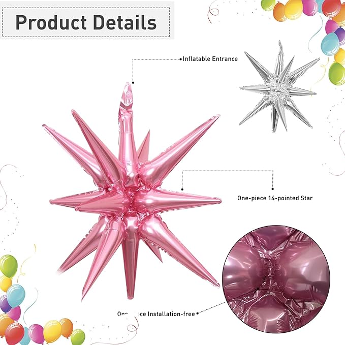 6 Pcs Silver Star Foil Balloons One-Piece 14-Pointed Star Balloon 4D Starburst Cone Mylar Balloon 22inch Christmas Birthday Wedding Wedding Anniversary Party Supplies (Silver + Pink)