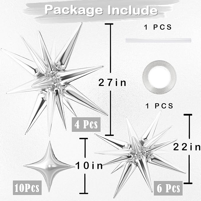 20 Pcs Star Balloons 27”22”Explosion Star Foil Balloons- 12 Point Star Balloons,Silver Spike Balloons and Four Pointed Star Balloos for Party Supplies Christmas Birthday Wedding Photo Booth (Silver)