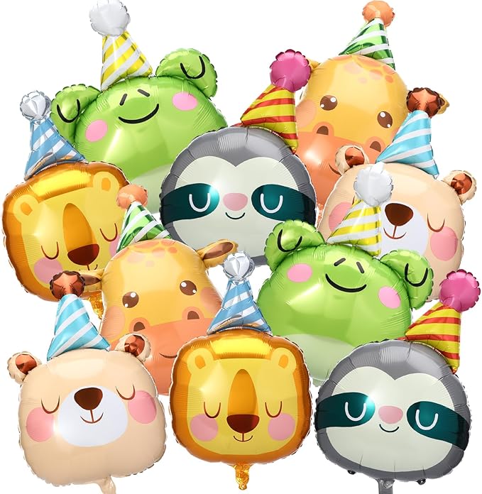 Civaner 10 Pcs Jungle Safari Animal Foil Balloons Animal Birthday Party Decor Bear Giraffe Lion Frog Sloth Aluminum Foil Balloons for Woodland Baby Shower Wedding Gender Reveal Party Supplies