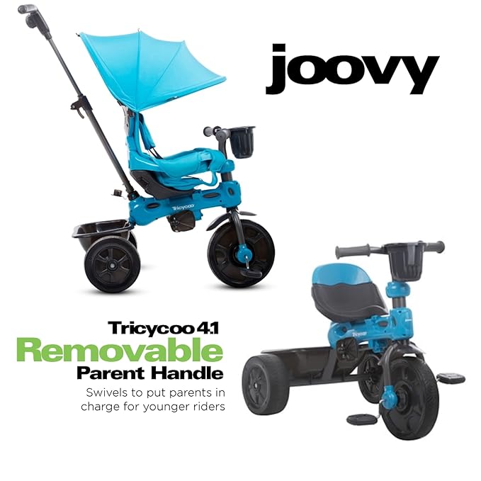 Joovy Tricycoo 4.1 Kids Tricycle with 4-Stages Featuring Extra-Wide Front Tire, Removable and Adjustable Parent Handle, Safety Harness, Machine-Washable Seat Pad, and Retractable Canopy (Blue)