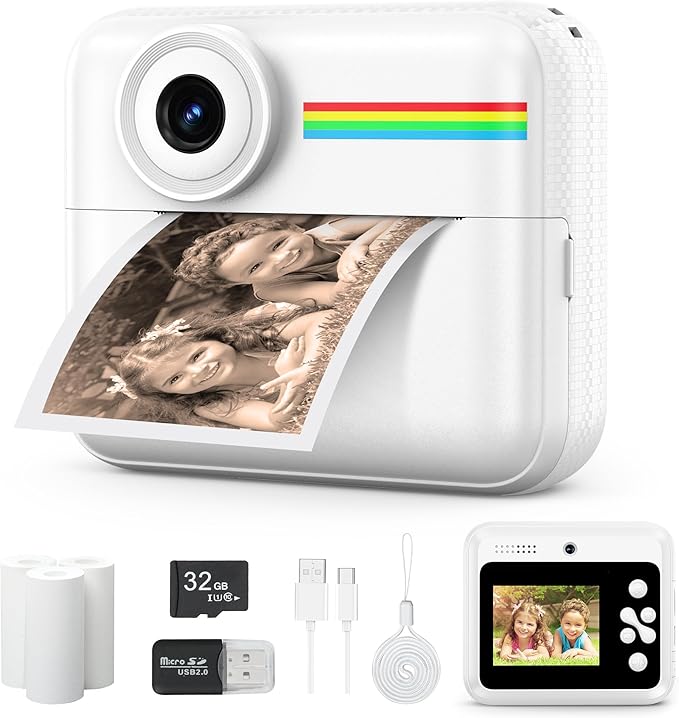 Kids Camera Instant Photo Printing,HD Digital Video dual Cameras for Toddler,Kids Digital Camera That Print Photos Christmas Birthday Gift for Boys and Girls with 32GB SD & 3 Rolls Print Paper (White)