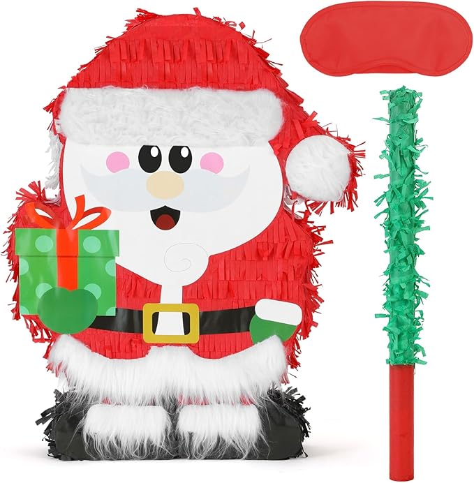 Christmas Santa Claus Pinatas Bundle with a Blindfold and Bat (Small Size 17x12.5x4 Inches), Holiday Theme Piñata, Christmas Party Supplies, Xmas Piñata, Party Decoration Games