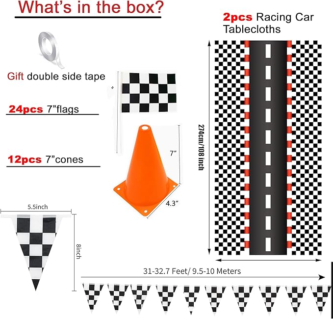 Cars Party Decorations,Racecar Centerpiece Decoration,7in Orange Racing Cones(12),Checkered Flags (24), 54"x108" Plastic Tablecloths (2),Banner Race Car Theme Party Supplies(40pcs)
