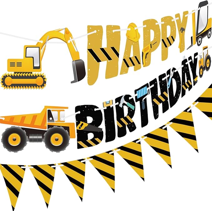 3 Packs Construction Happy Birthday Banner and Construction Pennant Flags Bunting Banner Decorations Construction Birthday Party Supplies for Boys Birthday Party (Construction)