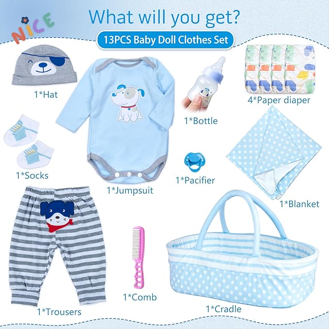 PEDOLLTREE Reborn Baby Dolls Clothes Boy Blue Dog Outfit Accessories 13 Pcs for 17-22 Inches Reborn Doll Newborn Boy with Blue Dot Bassinet