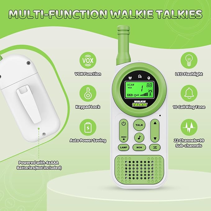 Walkie Talkies for Kids 2 Pack: 22 Channels 2 Way Radio Toys for 3-12 Year Old - VOX LED 3 Miles Long Range - Camping Hiking Birthday Boys Girls Green