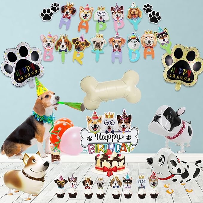 Lets Pawty Dog Birthday Party Decorations Girl Boy, Pawty Puppy Themed Happy Birthday Banner, Dog & Paw Print Balloons, Cake Toppers (Red)