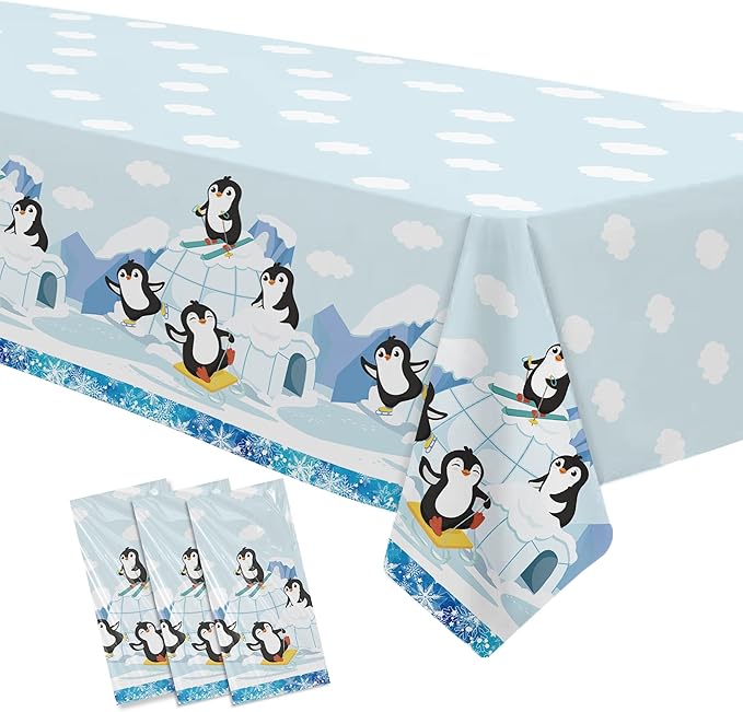 APOWBLS Penguin Birthday Decorations Tablecloth, 3 Pack Disposable Winter Penguin Party Supplies Table Cover for Birthday Baby Shower, 55in x 86in