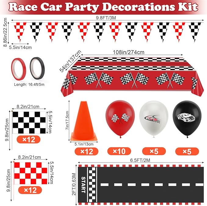 Race Car Party Decorations, Checkered Flag Party Supplies-12 Traffic Cones and 24 Racing Checkered Flags, 6.5Ft Racetrack Floor Runner and 9.8ft Banner, Tablecloth, Balloons and Ribbons
