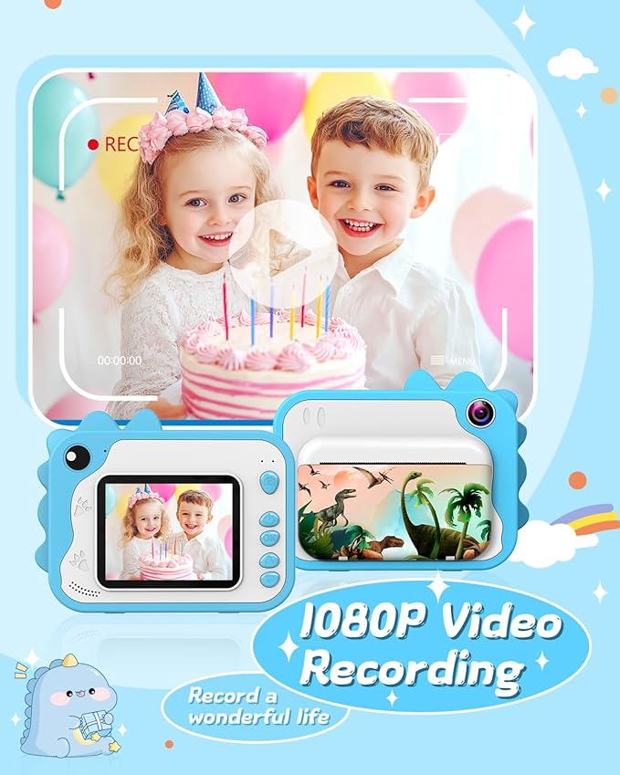 Kids Instant Print Camera 1080p for Ages 3-12 - Ink Free Printing Dinosaur Toddler Camera, Christmas Birthday Gifts for Boys Girls 3-12 Years Old (Blue)