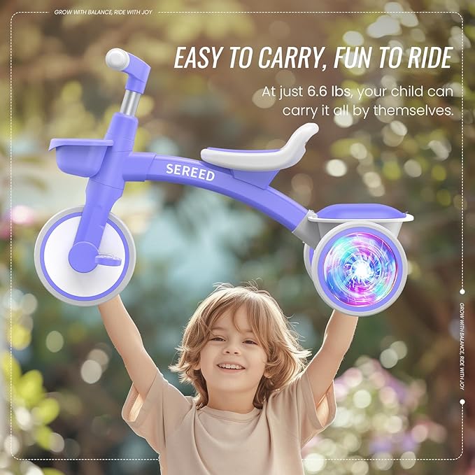 SEREED Colorful Lighting Toddler Tricycle for 2-5 Years Old Boys Girls, Adjustable Seat&Handlebar Trike, Removable Basket, Birthday Gift Idea for Kids Ages 2+ (Purple)