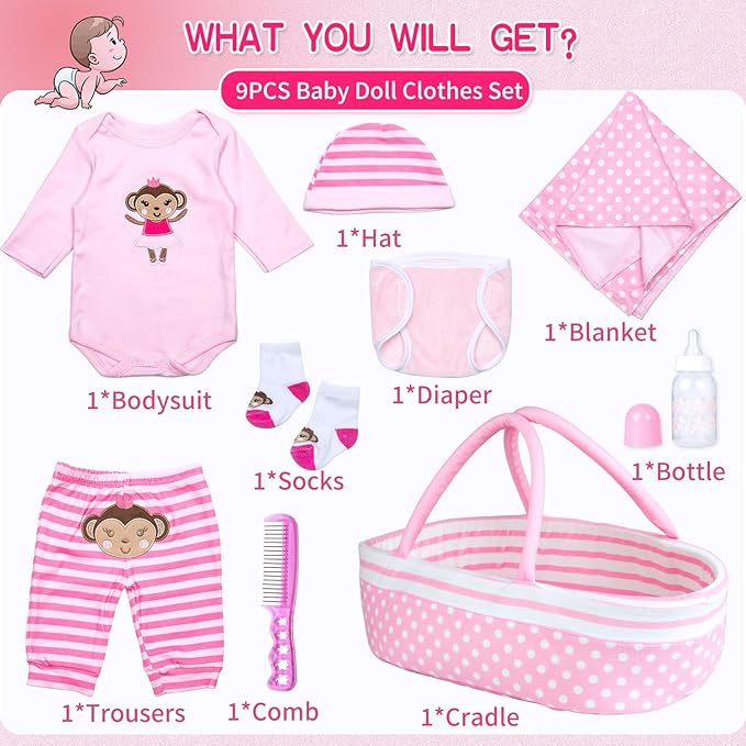 9 Pcs Set Reborn Baby Dolls Clothes with Pink Dot Bassinet for 17-22 Inch Reborn Dolls,Realistic Baby Doll Accessories Outfit fit Newborn Baby Doll Girl