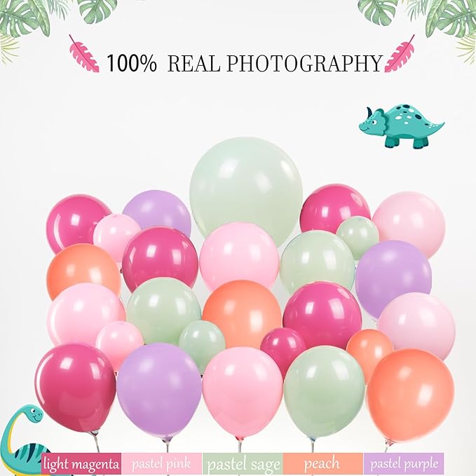 Three-Rex Cute Dinosaur theme birthday party Decorations with Pink Green balloon and dino foil balloon & footprint sticker & ROAR Banner Backdrop & Artificial Palm Leaves for Girls 3rd birthday