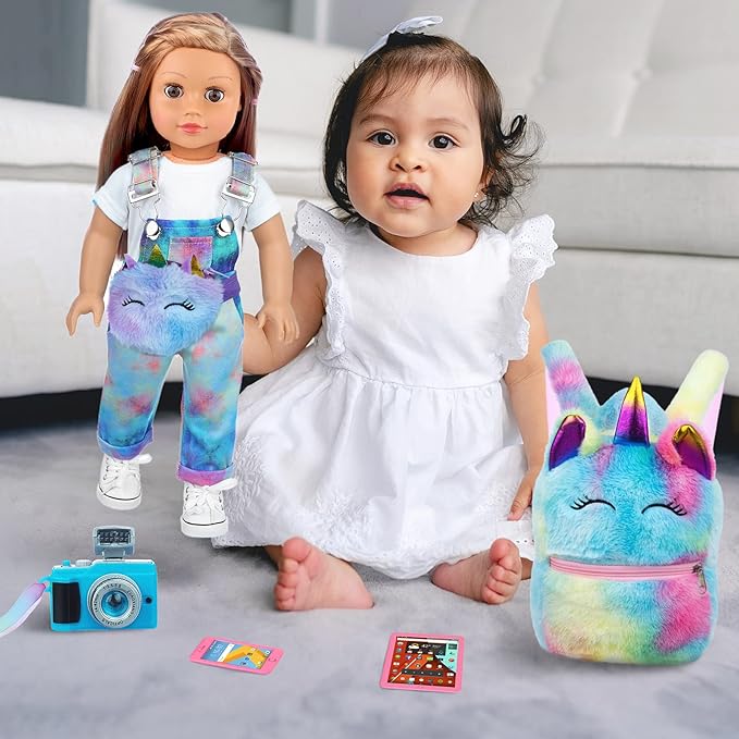 ZITA ELEMENT 7 Pcs American 18 Inch Doll Clothes and Accessories - 18 Inch Doll Clothes Set with Backpack, Waist Bag, Cell Phone, Tablet, Camera