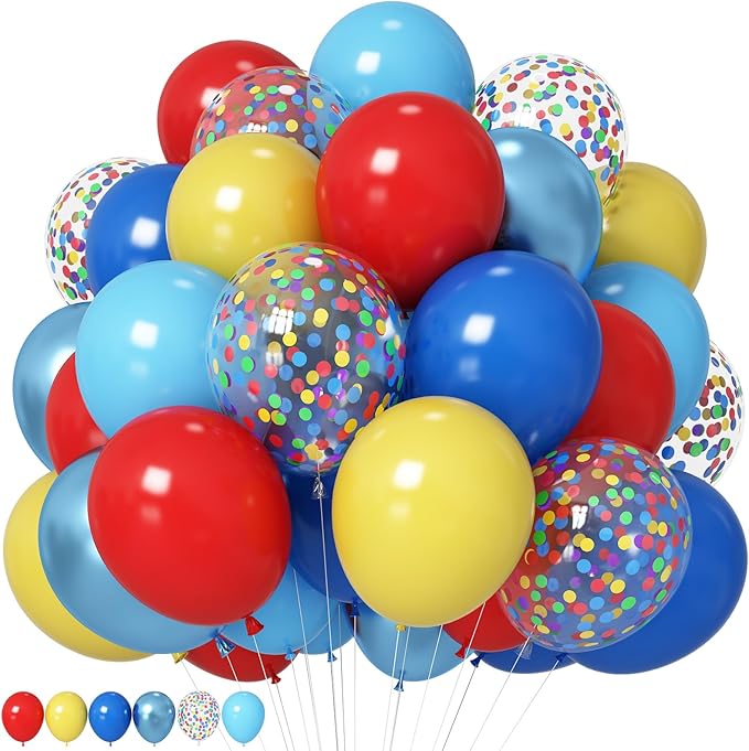 Red Yellow Blue Balloons Light Baby Royal Metallic Blue Red Yellow Primary Balloons with Colorful Confetti Latex Balloon for Carnival Circus Baby Shower Birthday Party Decor