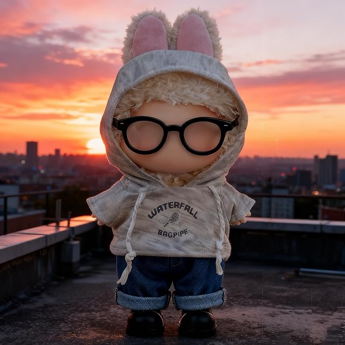 17cm Doll Clothes (NO Doll) – 4-Piece Set, Gray Sweatshirt + Pants + Shirt + Glasses + Shoes, Cute and Premium Dolls Outfit Accessories (Gray Sweatshirt)