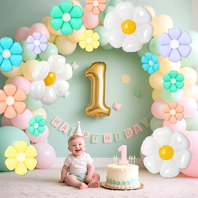 NOVWANG Colorful Daisy Balloons, 18pcs Daisy Flower Balloons Party Decorations for Birthday Wedding Baby Shower Party Decorations Supplies（Huge Balloon X 3, Medium X 5, Small X 10）