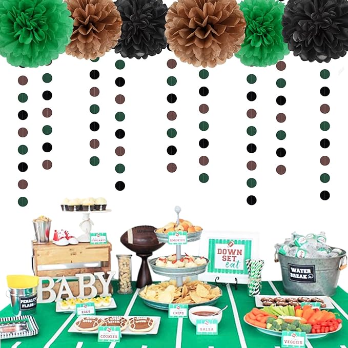 Green Black Brown Party Decorations - 23pcs Tissue Pom Poms Streamers,Football Woodland Baby Bridal Shower Tassel Garland Banner,Superbowl Birthday Hunting Camp Forest Jungle Decor Backdrop Ouruola