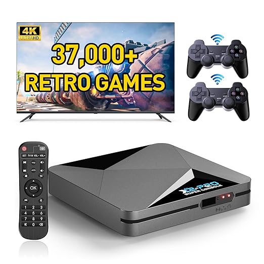 Kinhank 2026 Upgrade Retro Game Console,Super Console X2 PRO Emulator Console with 37,000+ Classic Games,Retro Gaming Console with EmuElec 4.6 &Android 9.0,4K UHD Output,2.4+5G WIFI,BT 5.0