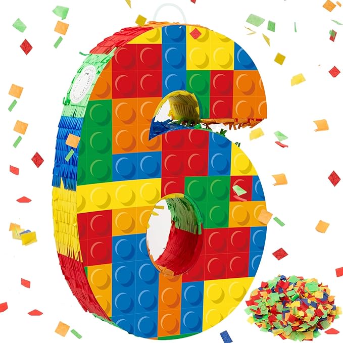 Number 6 Building Blocks Piñata 16.5 Inch Party Supplies 6th Birthday Party Decorations Piñata with Confetti Blocks Theme Fiesta Anniversary Celebration