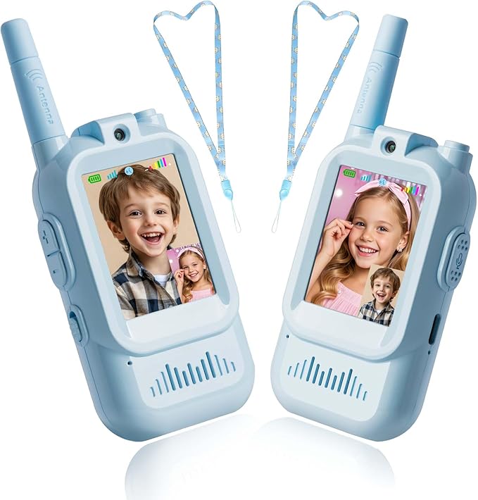 Video Walkie Talkies for 3-12 Boys Girls,2 Pack Facetime Walkie Talkie for Kids with Screen, HD Camera & Voice Changer for Family Games, Hiking, for Grandkids (Blue+Blue)