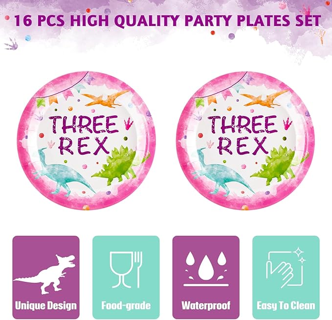 WERNNSAI Dinosaur 3rd Birthday Decorations - 33PCS Three Rex Plates Napkins Tablecloth Girl Dinosaur Party Decorations Three Rex Table Supplies for Kids Girls 3rd Birthday Party Serves 16 Guests