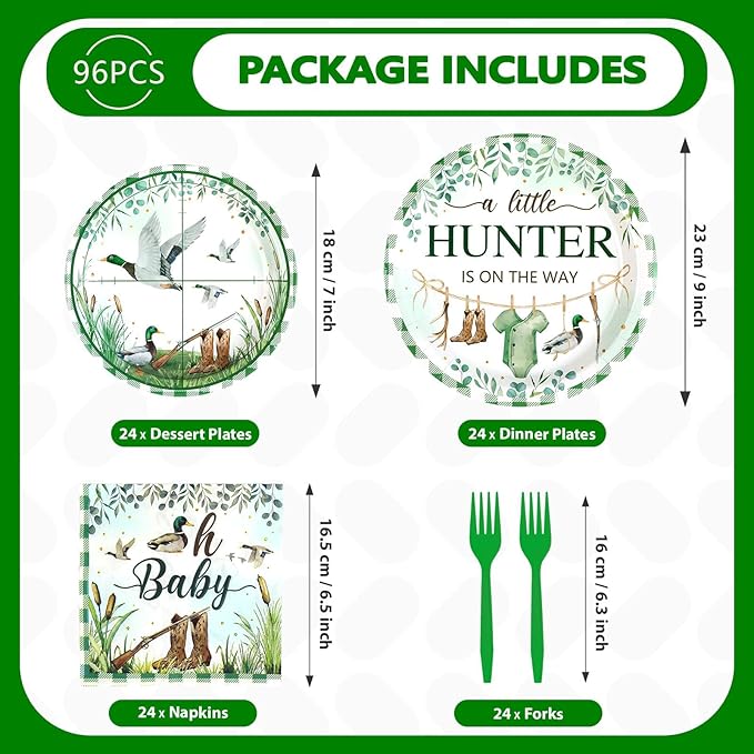 Grencian 96psc Mallard Duck Baby Shower Party Supplies A Little Hunter is on the Way Plates and Napkins Tableware Sets Hunting Party Decoration for Kids Birthday Baby Shower Serves 24