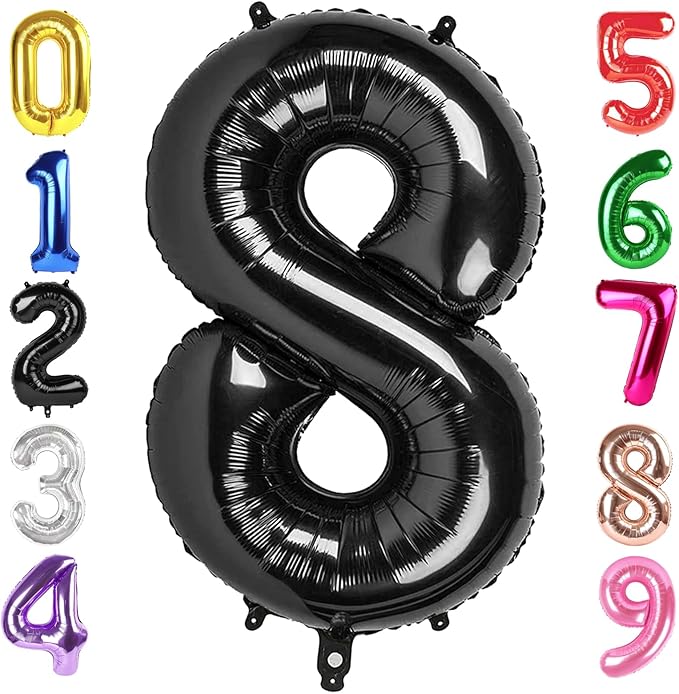 40 Inch Black Number 8 Balloon, Giant 8 Number Balloons for 8th Birthday Decorations, Party Supplies for Baby Boy Girl, Black Party Decor