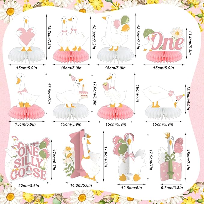 12 Pcs One Silly Goose Birthday Decoration Girls Honeycomb Centerpieces Pink White Silly Goose Table Decoration Cake Balloon Heart Flowers Table Topper for 1st Birthday Party Favor Supplie