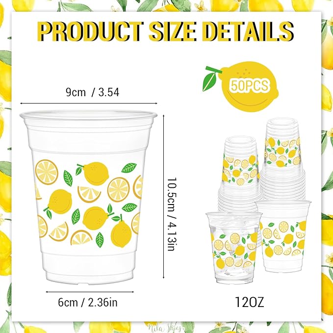 50Pcs Lemon Cups, 12oz Lemon Clear Plastic Cups for Yellow Fruit Themed Party Decorations Baby Shower Birthday Summer Lemonade Party Supplies