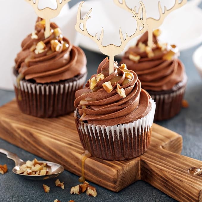Huray Rayho Antler Cupcake Toppers Wooden Deer Cake Picks Decorations Baby Shower Wedding Hunting Boho Rustic Country Birthday Theme Party Supplies Qty 24