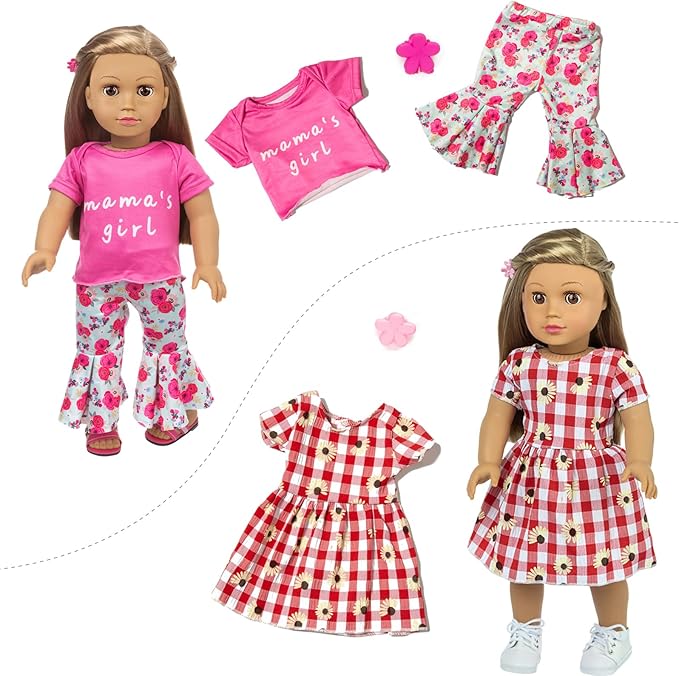 23 Pcs American Doll Clothes Dress and Accessories Sets for American 18 inch Dolls - Including 10 Complete Set of Clothing , Doll Accessories with Hair Bands and Hair Clip